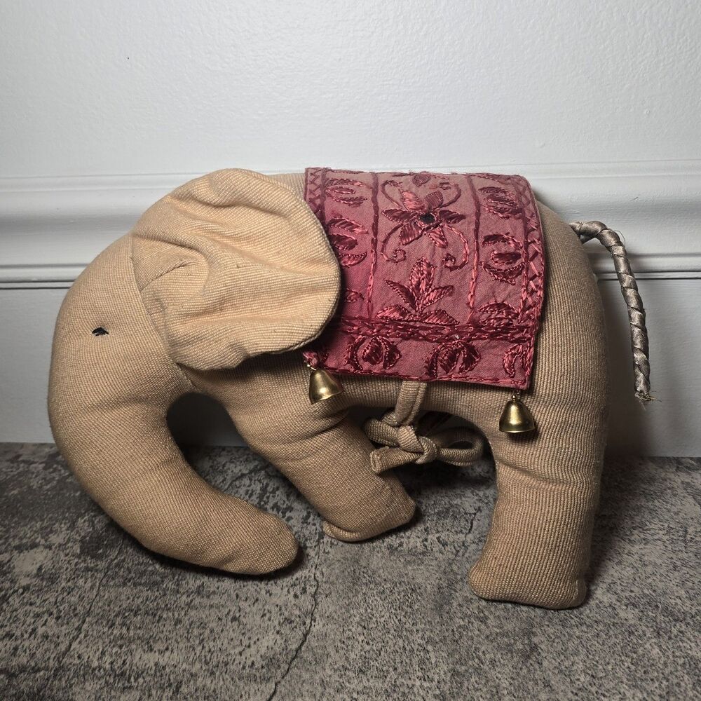 World Market Plush Wool Lucky Elephant Trunk Up Cotton 10" Whimsical Boho Folksy